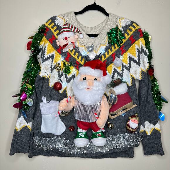 Ugly Christmas Sweater Singing Santa LIGHTS UP Tinsel Party Winner Size Medium - Picture 1 of 5